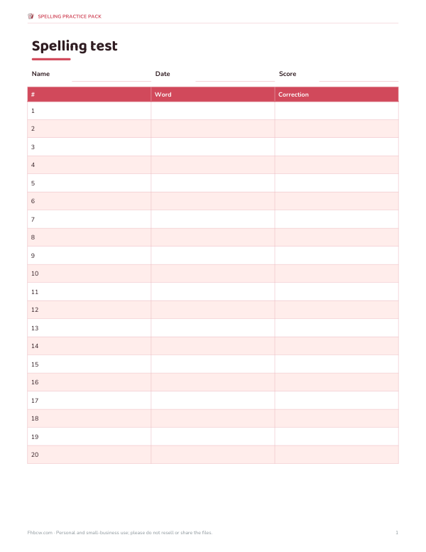 Preview of Printable Spelling Test Sheet